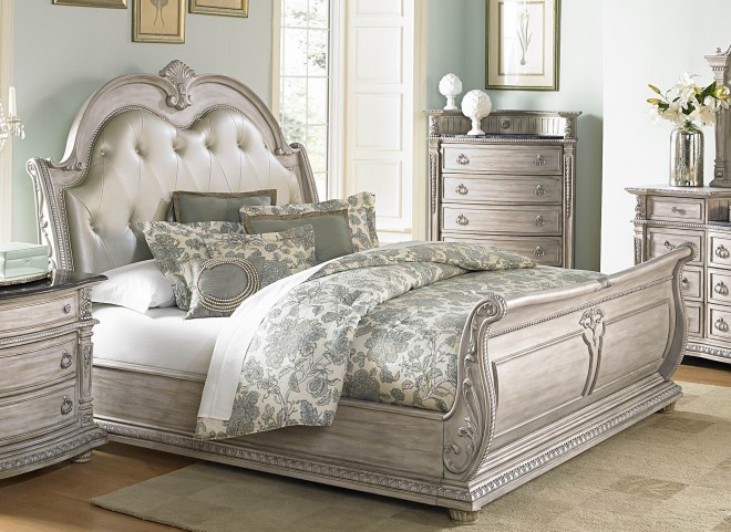 Palace II White Wash Bonded Leather Sleigh Bedroom Set ...