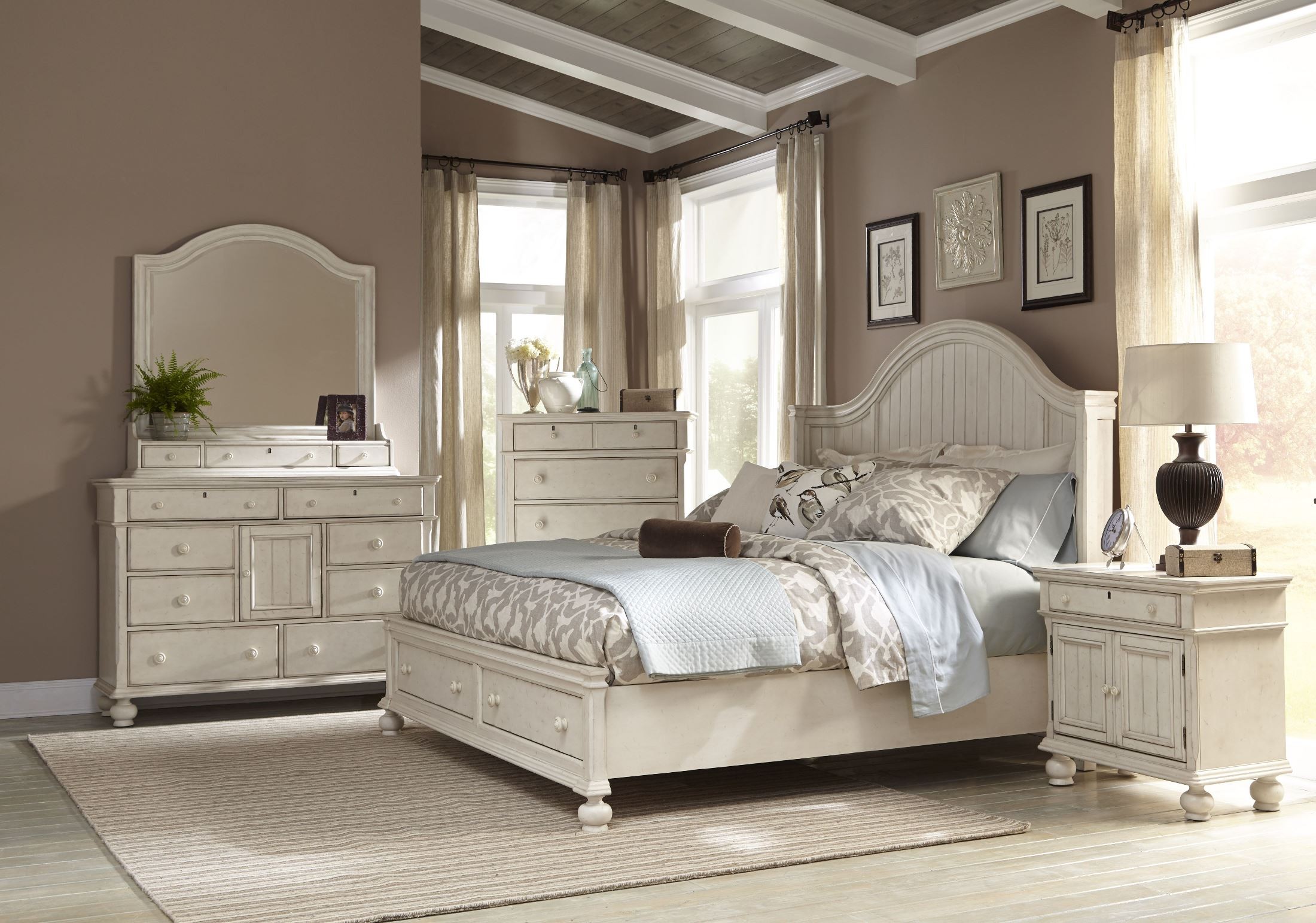 Newport Antique White King Panel Storage Bed, 372066PBS, American