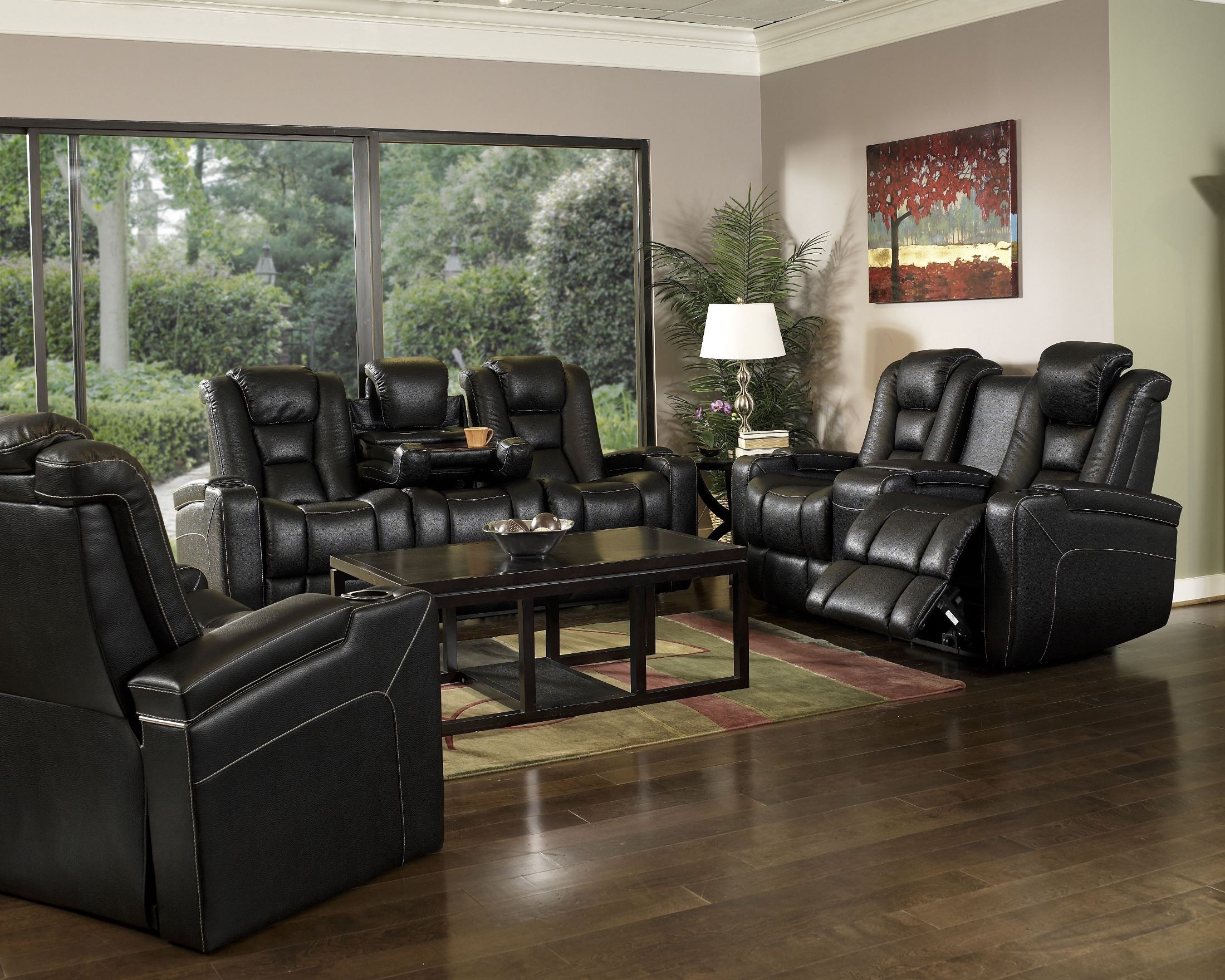 Evolution Black Leathaire Fabric Power Reclining Living Room Set, RO804043H 121F, Row One
