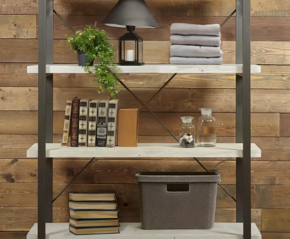 Open shelving with metal brackets