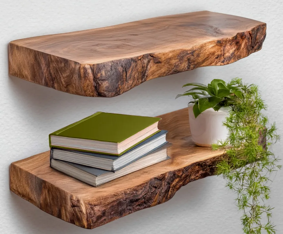 Live-edge wooden shelves