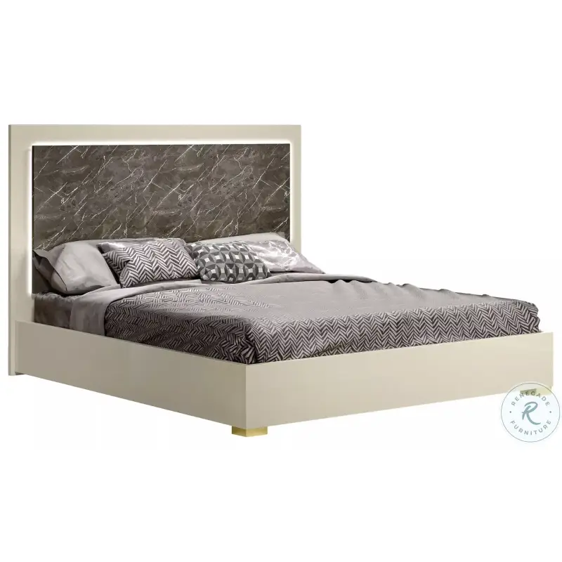 Sonia Pearl Brown Marble Look Queen Platform Bed With Gold Accents