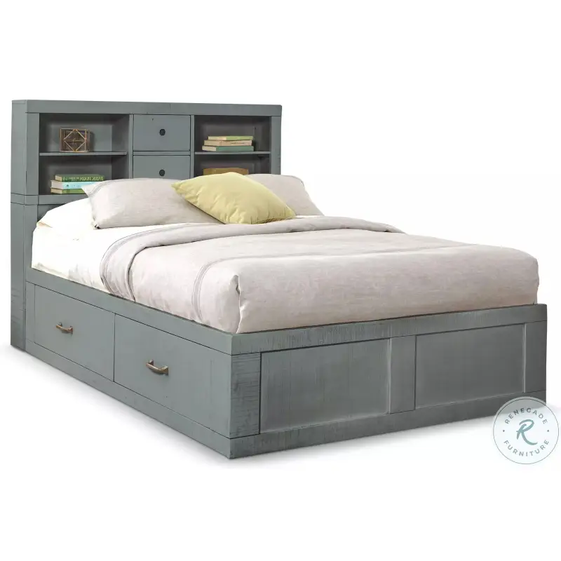Saddle and Sage Blue Full Storage Platform Bed with Bookcase
