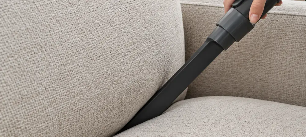 Vacuuming a couch to prep the surface