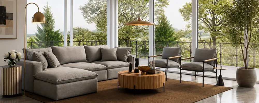 Layering lighting in a living room with large furniture