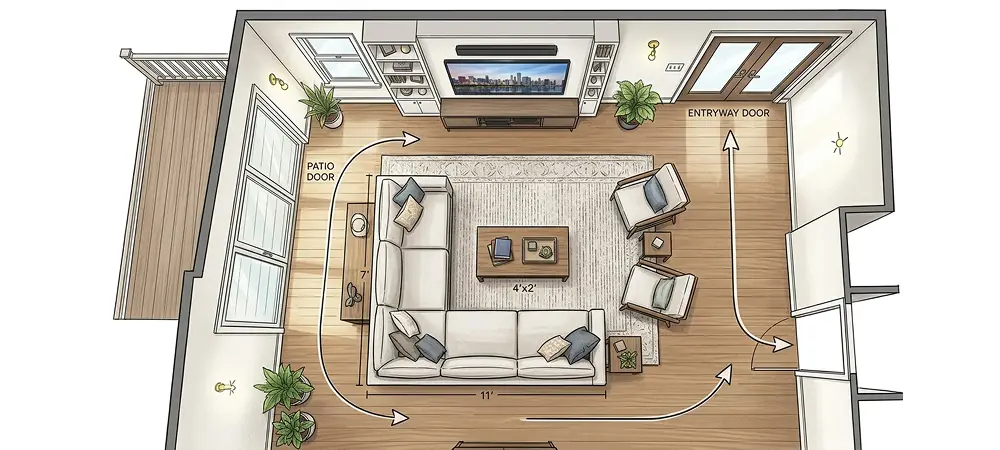 Family room layout and traffic flow