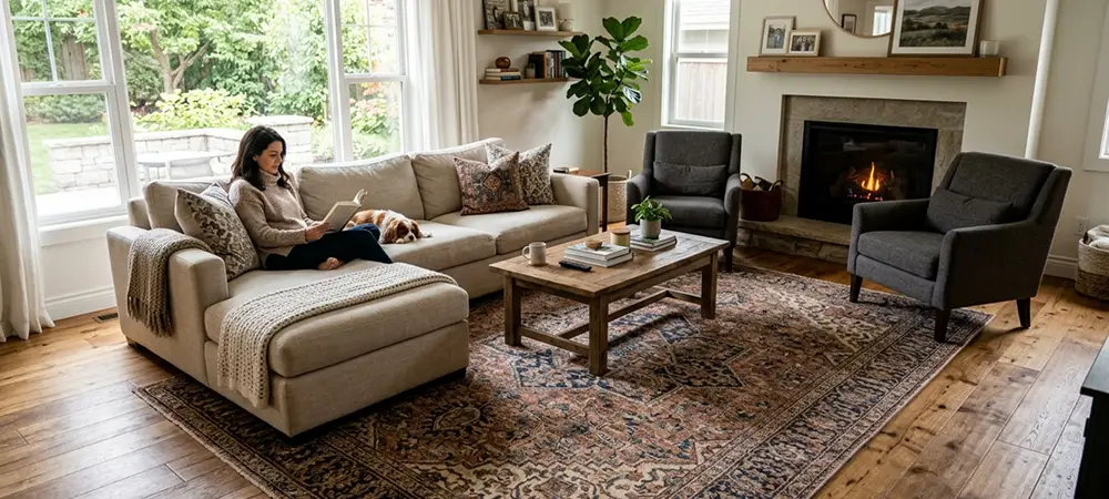 Family room flooring and area rug