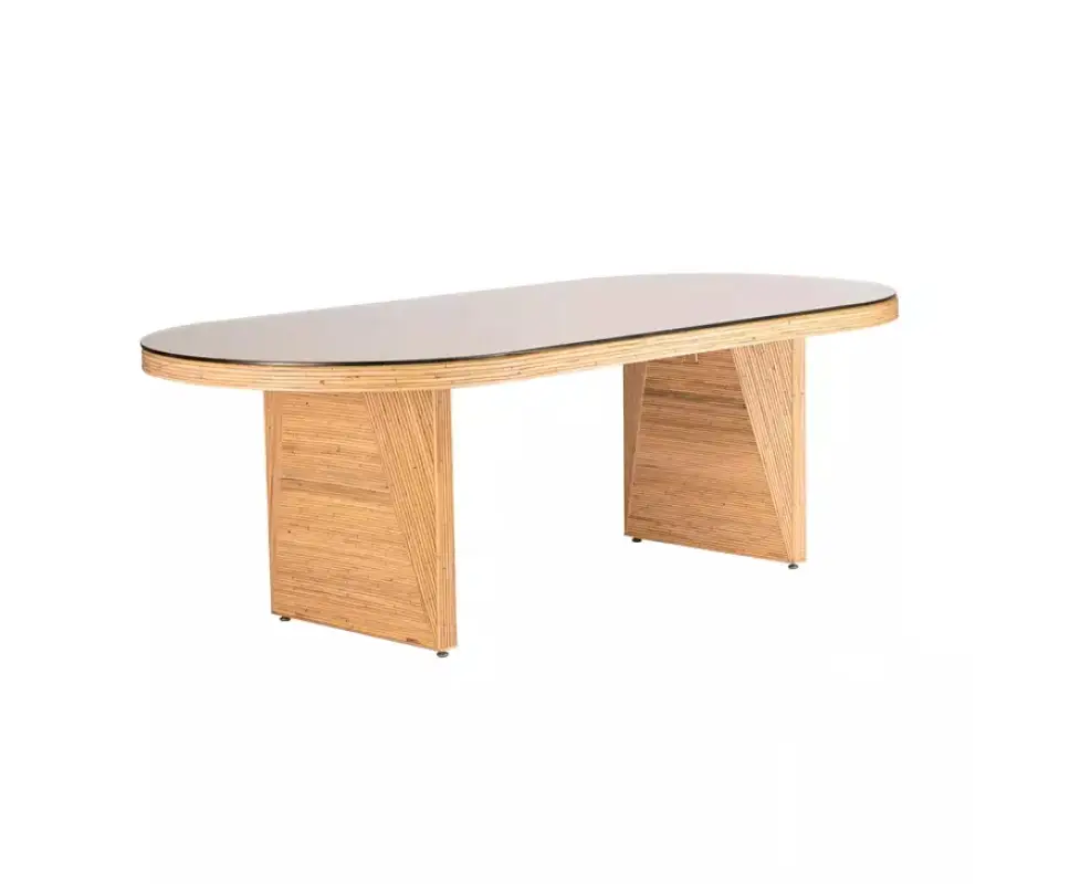 Caren Natural Rattan and Glass Oval Dining Table