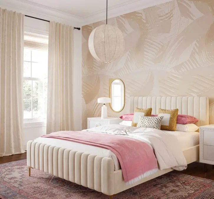 Bedroom with simple floor-length linen curtains