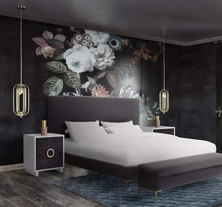 Bedroom with sculptural pendant lighting