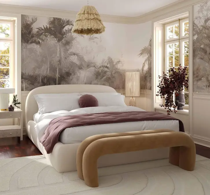 Bed with a linen bench at the foot