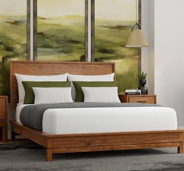 Clean-lined platform bed in honey maple