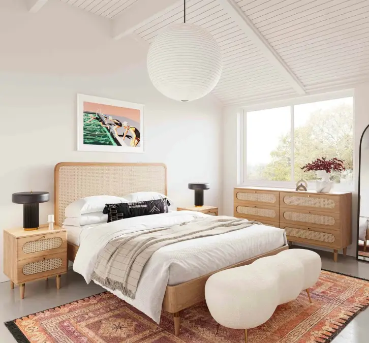 Bedroom with natural ash and cane panel details