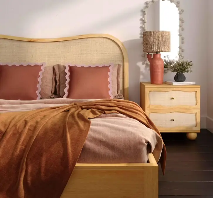 Bedroom with layered textures and rattan headboard