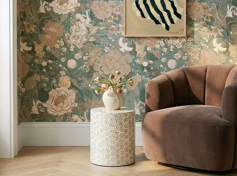 Accent chair with a side table and decorative wall art