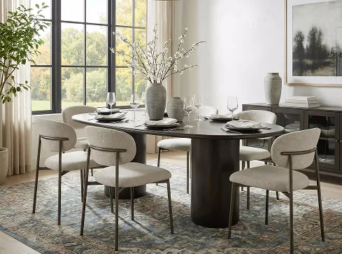 Dining room with a coordinated table, chairs, and buffet