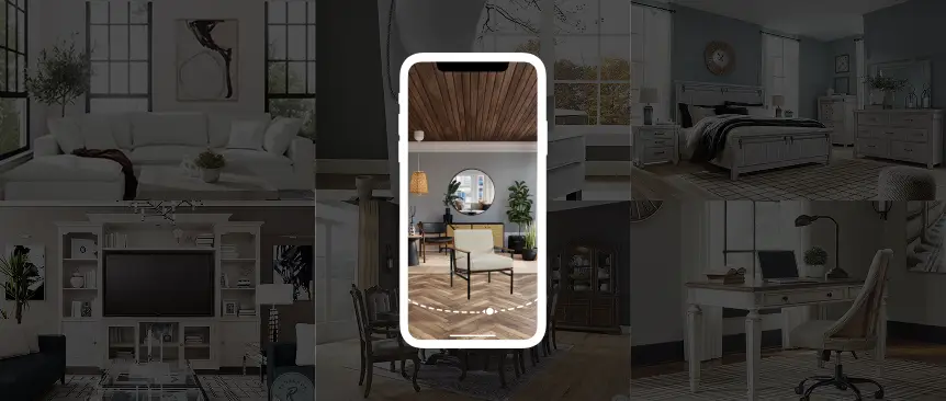 AR phone application rendering furniture in a living room space