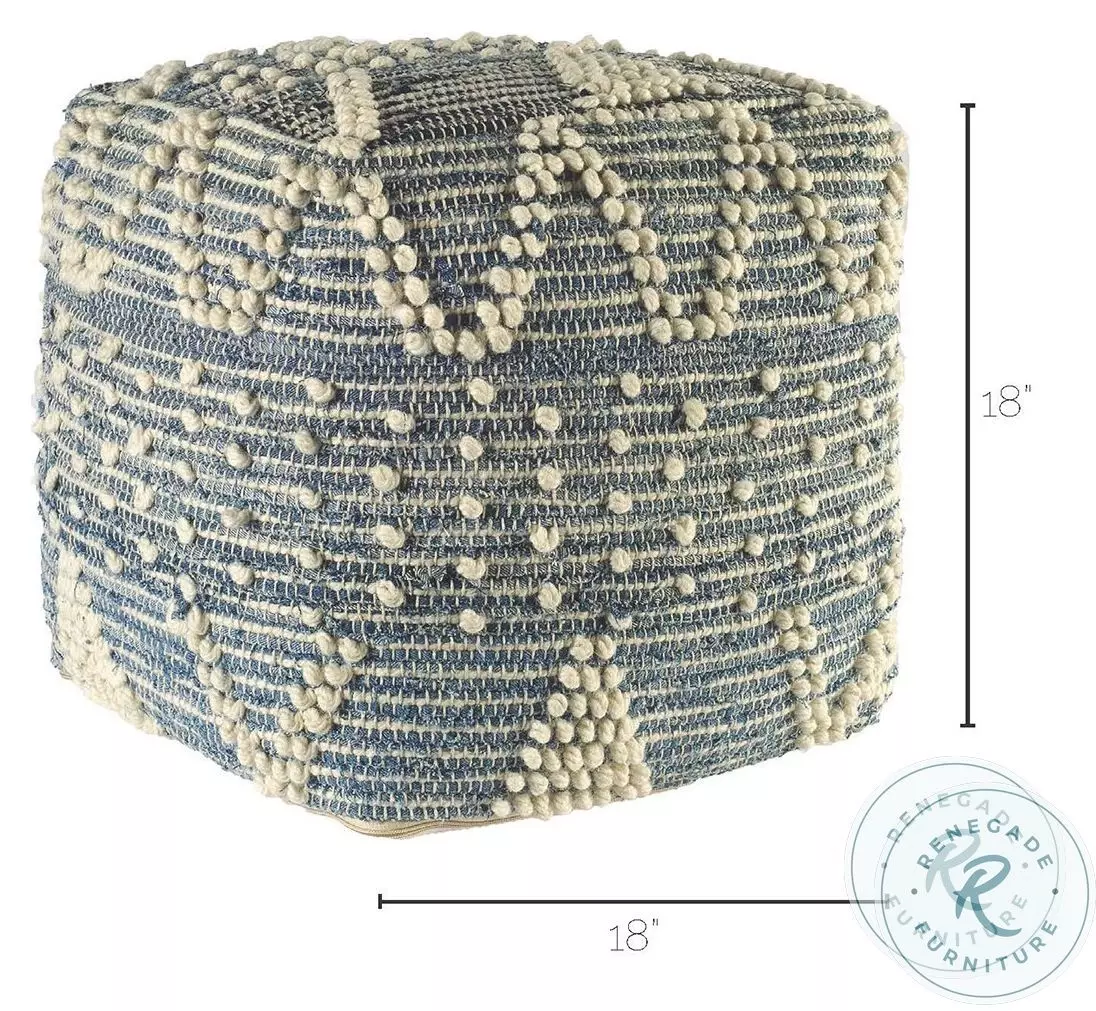 Rofi Blue Denim and Cream Cotton Stitched Square Pouf