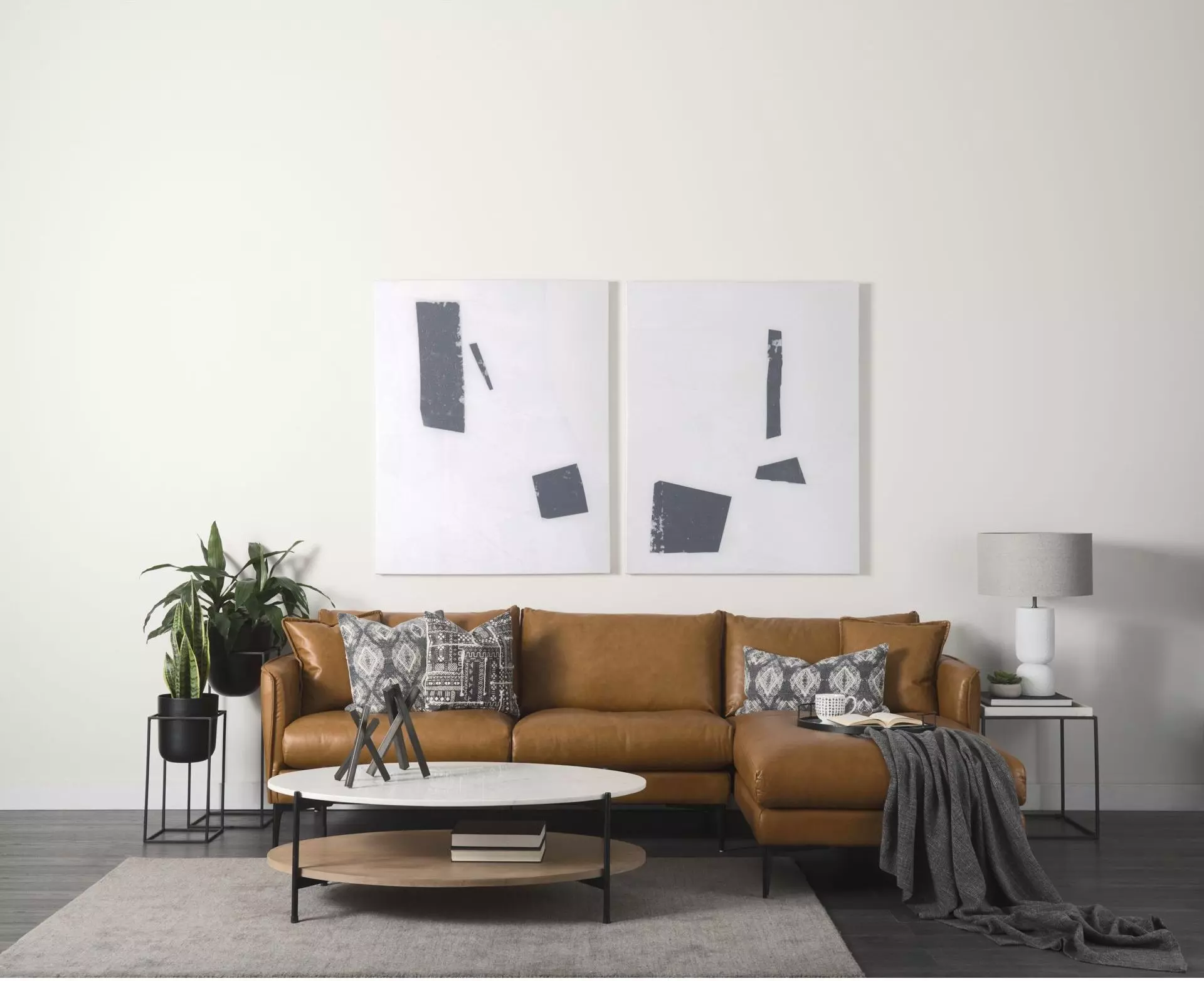 Larkin White Marble And Black Metal Round Occasional Table Set with Brown Wood Shelf