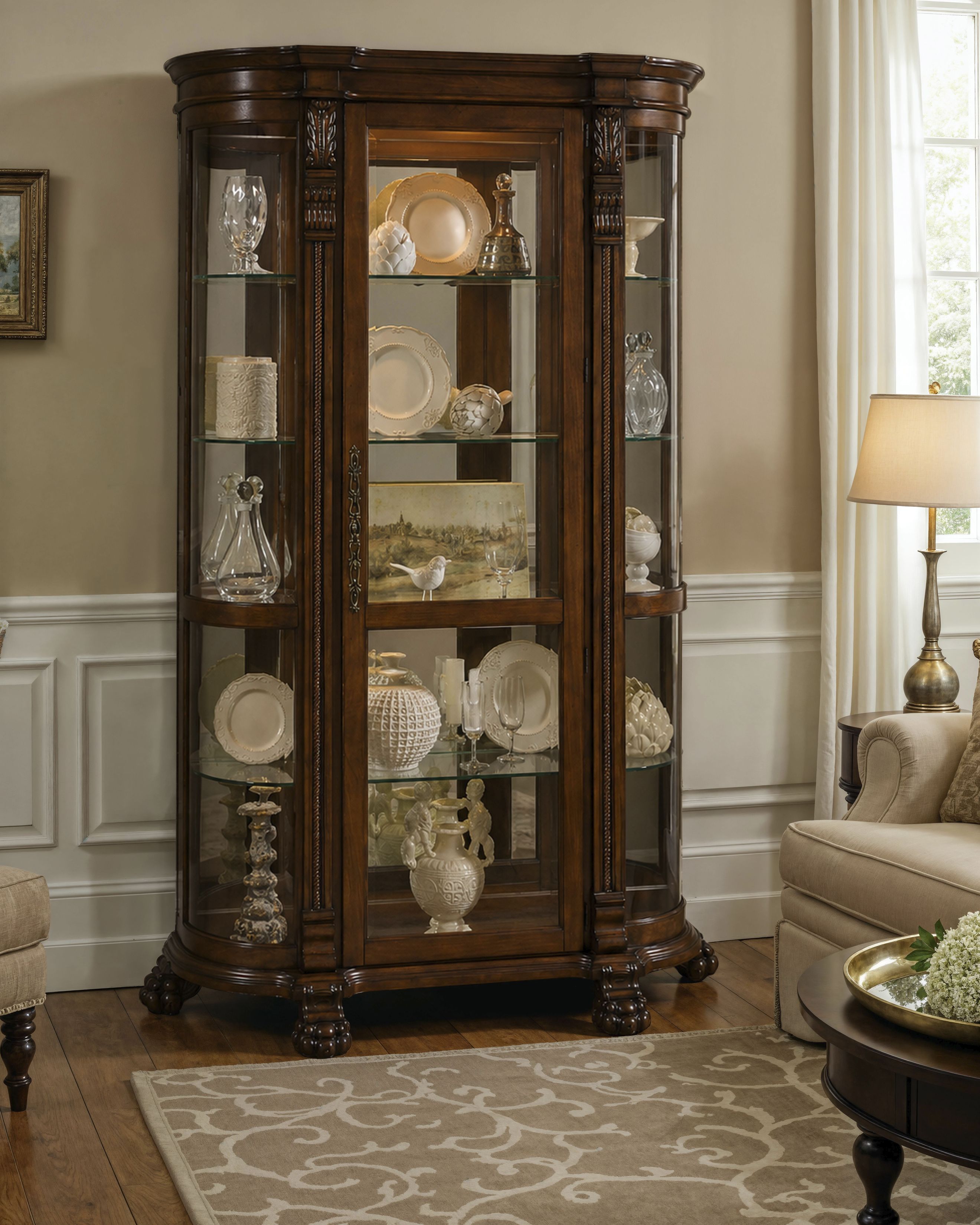 102003 Chocolate Maple Brown Curved Curio Cabinet From Home