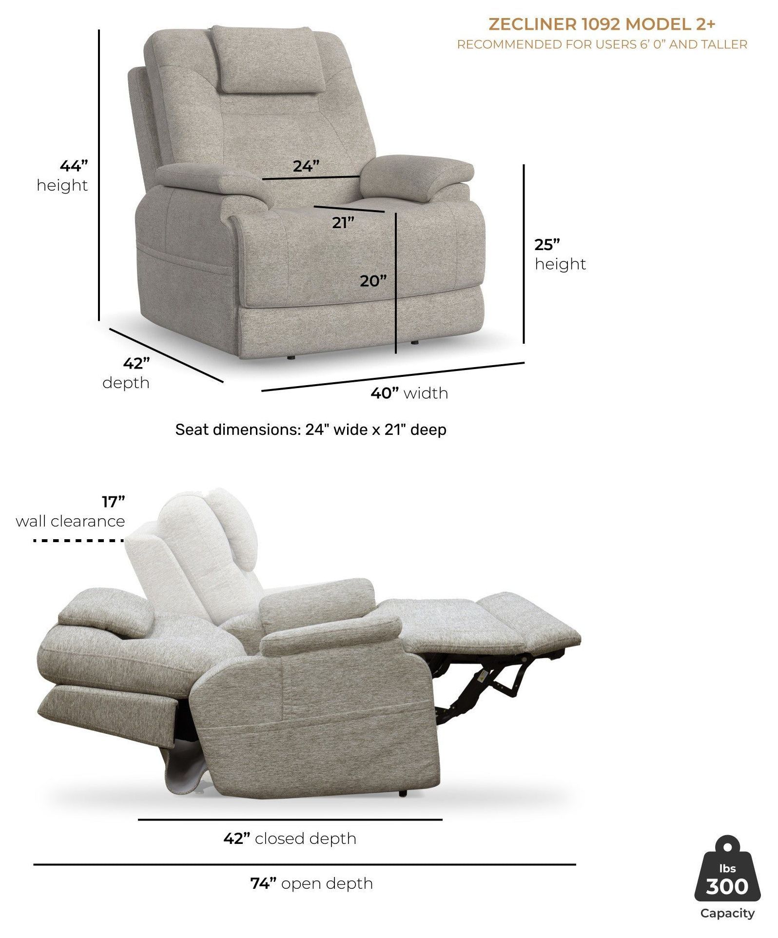 Zecliner Model 2+ Shell Performance Fabric Lift Power Recliner with Power Headrest Lumbar Heat And Massage