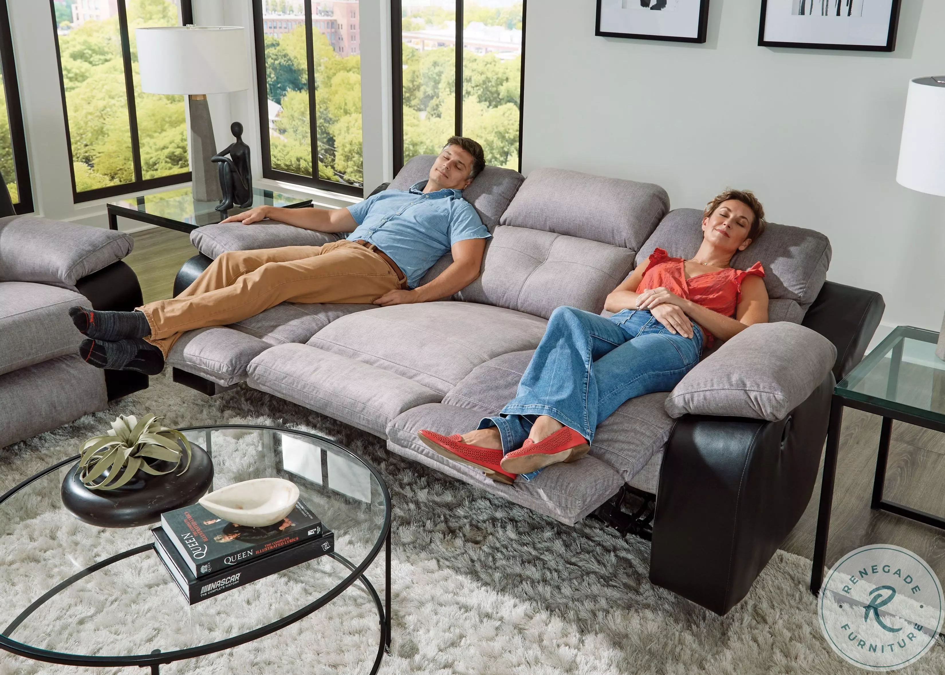 Felix Black And Granite Triple Seat Reclining Sofa with Drop Down Felix Black And Granite Triple Seat Reclining Sofa with Drop Down
