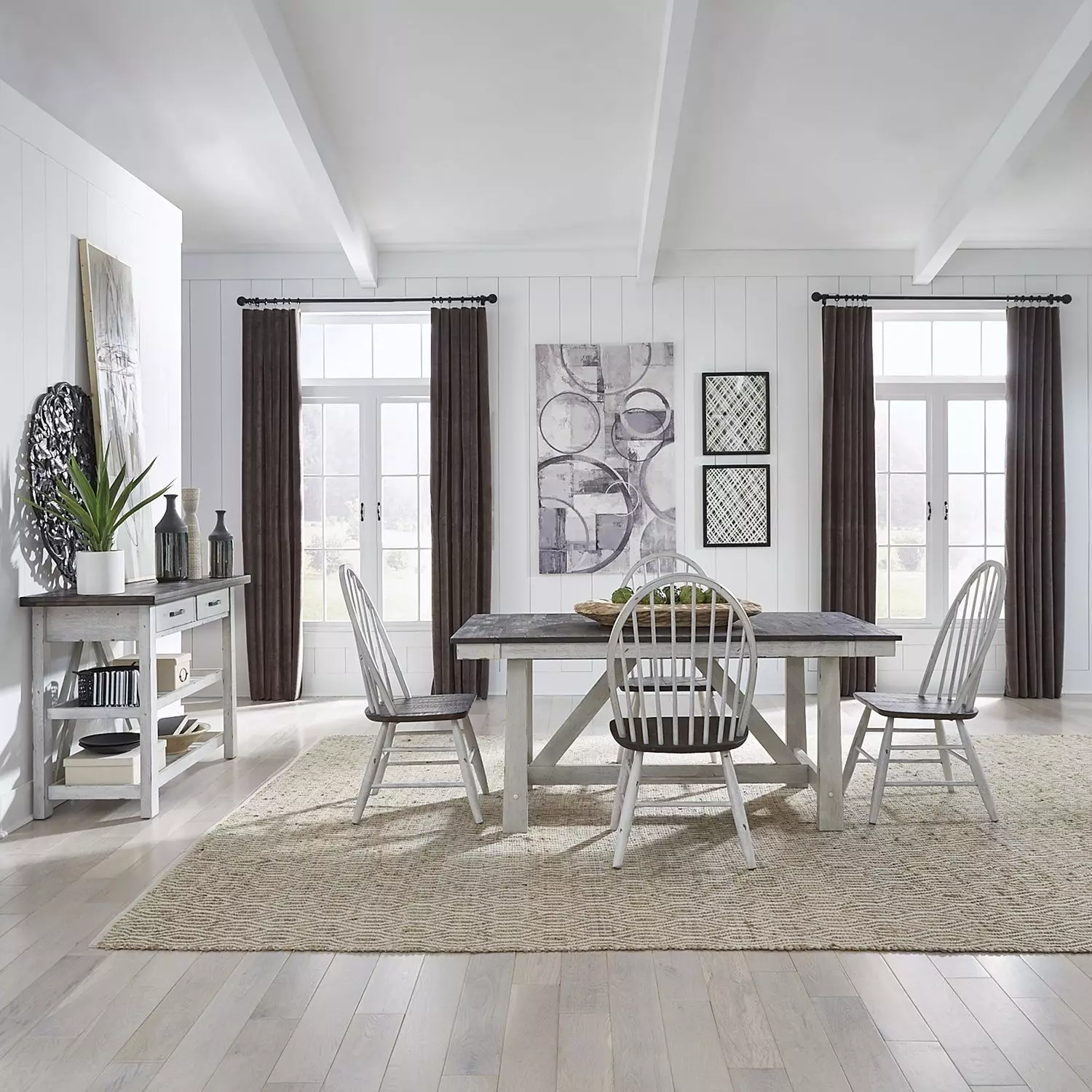 Farmhouse White and Brown 5 Piece Extendable Trestle Base Dining Set