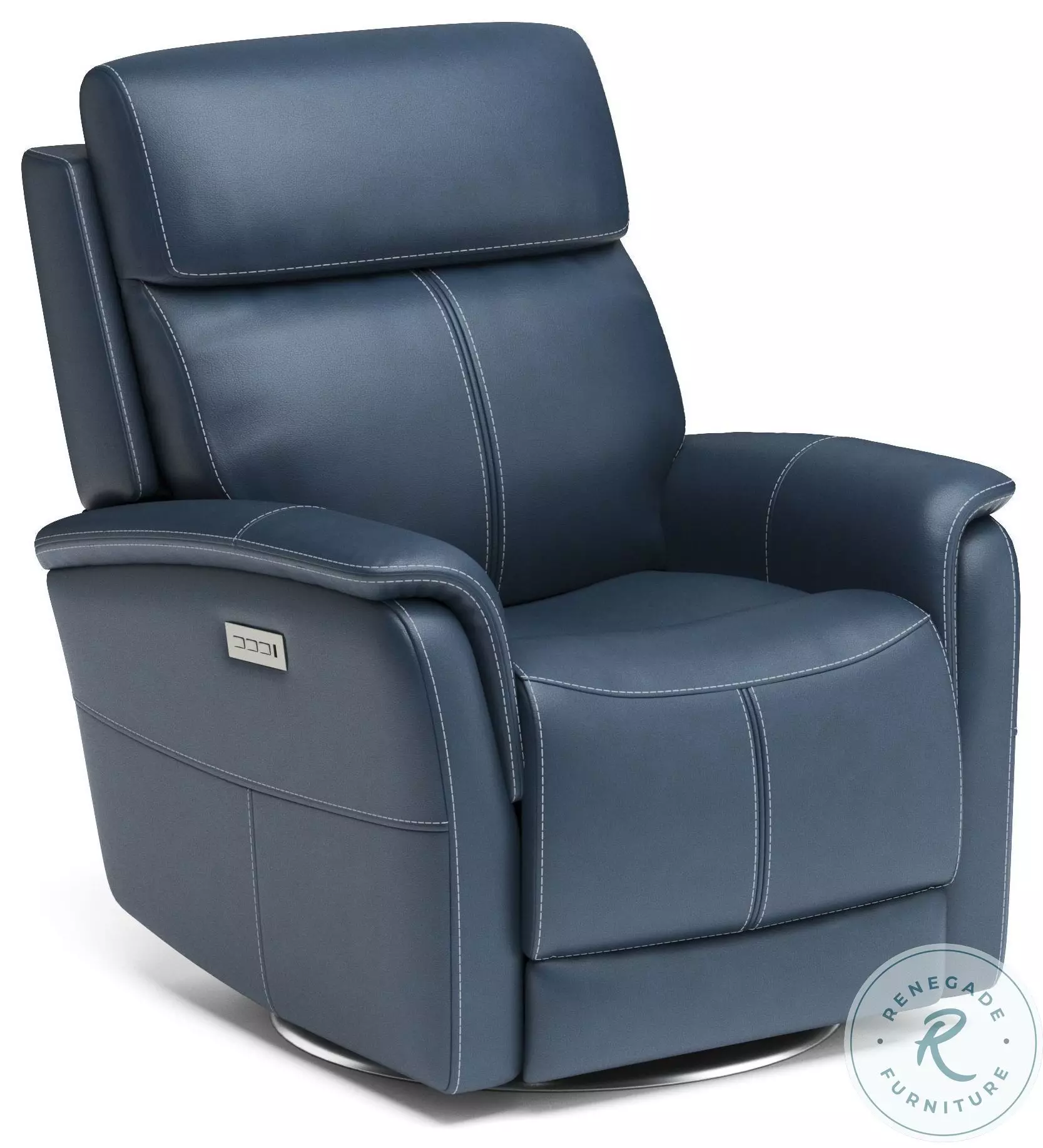 View Blue Leather Swivel Power Recliner with Power Headrest and Lumbar ...