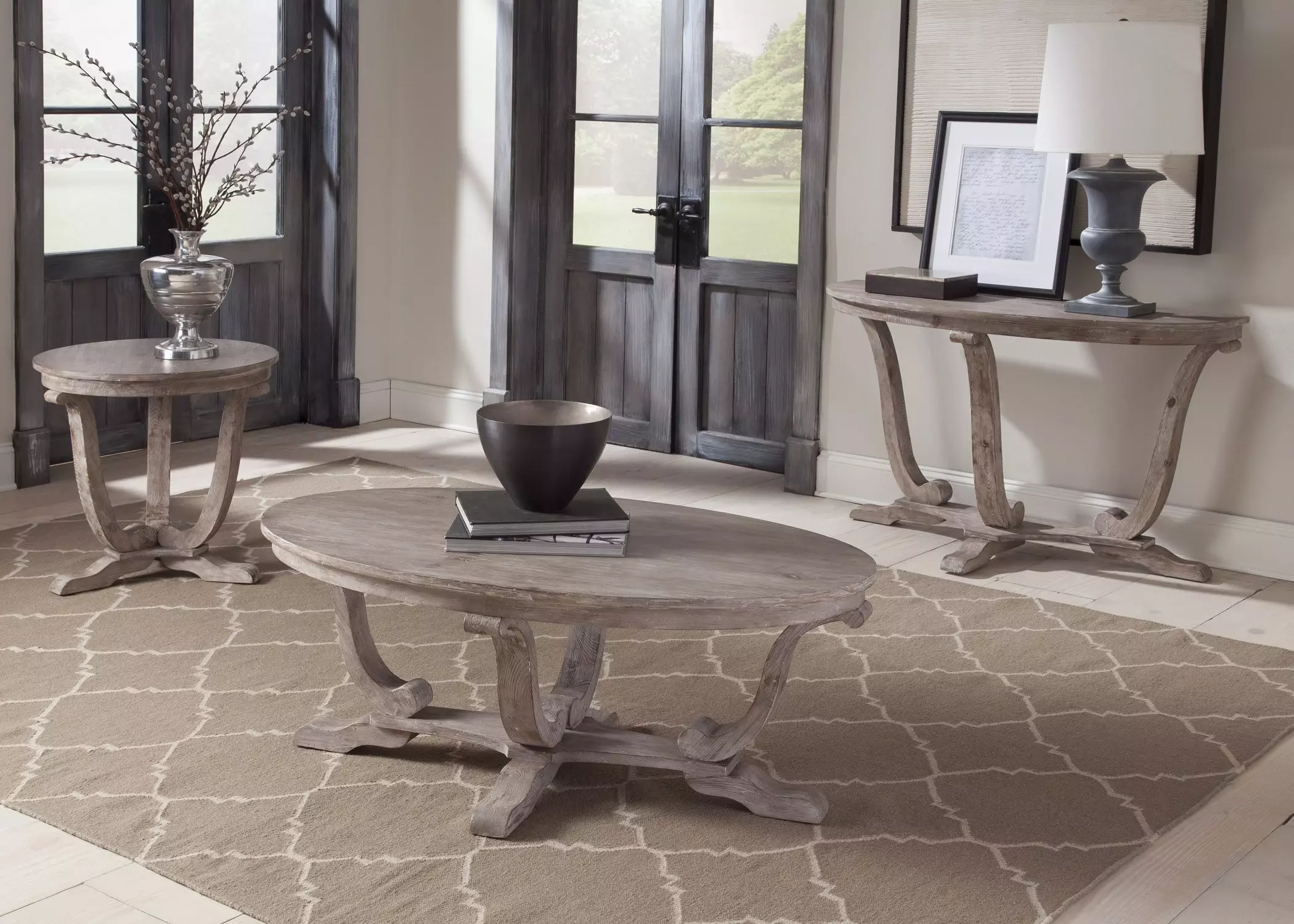 Greystone Mill Stone Whitewash and Wire Brush Oval Occasional Table Set