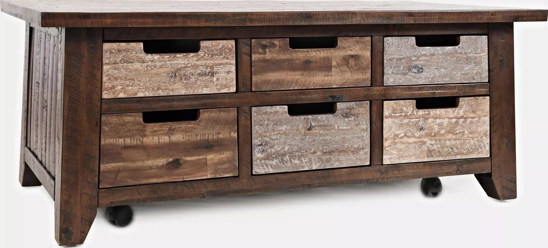 Jofran Rustic Solid Acacia Box Coffee Table with Pull-Through Drawers and Caster Wheels