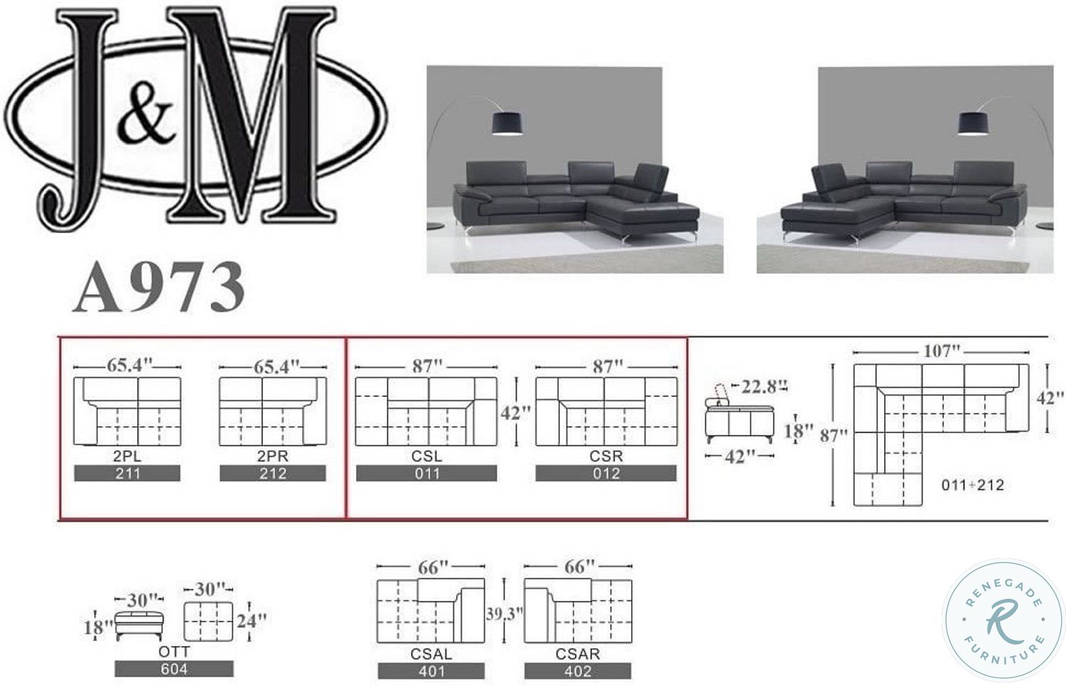 A973 Grey Italian Leather Chaise LAF Sectional From JNM Coleman Furniture