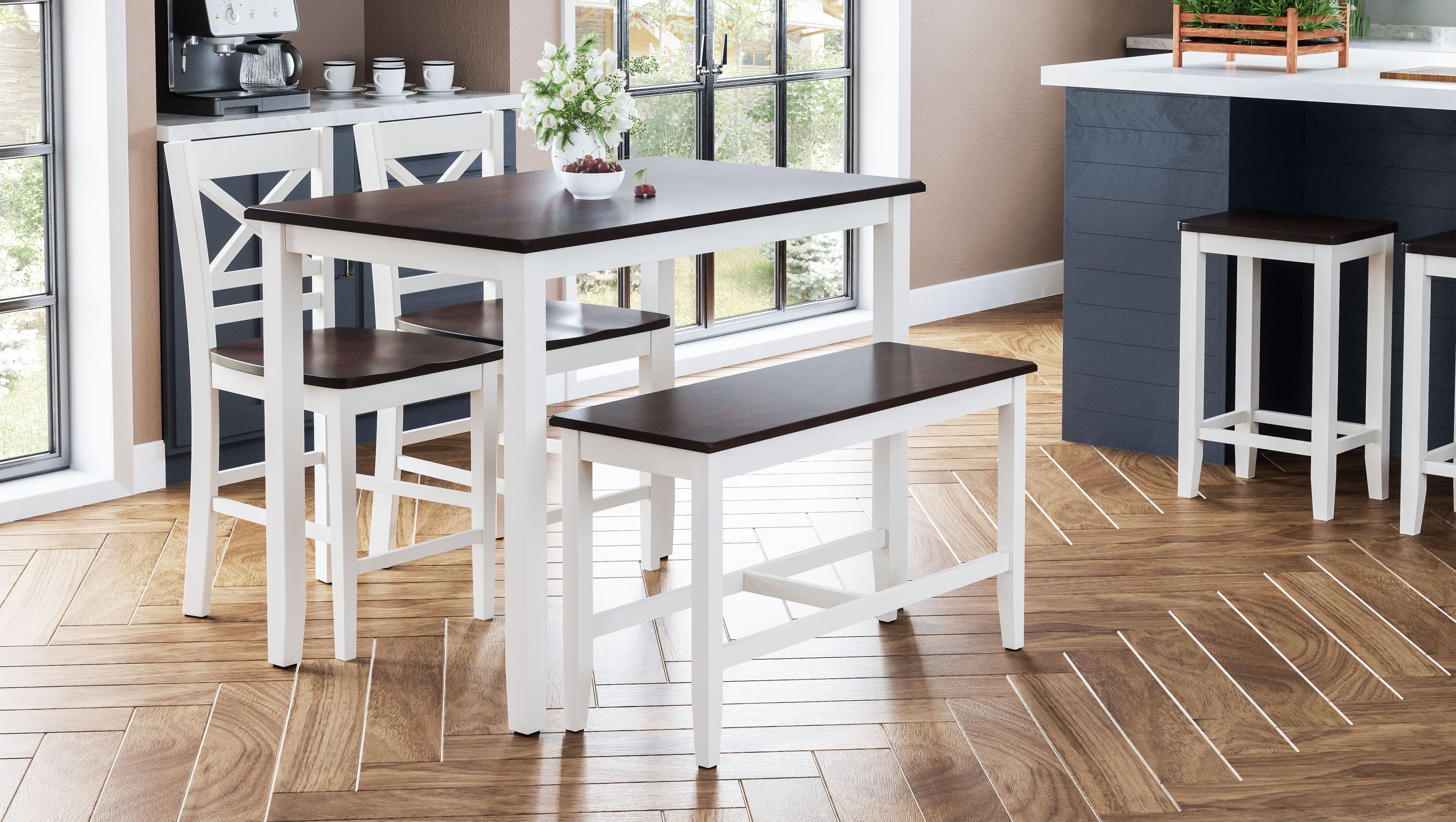 Asbury Park White and Brown 4 Piece Counter Height Dining Set with 