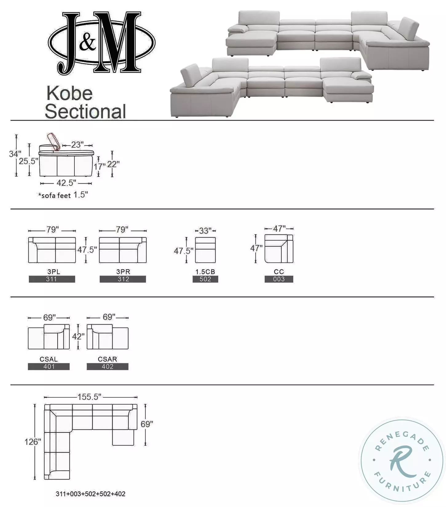 Kobe Silver Grey Italian Leather Sectional From Home Gallery