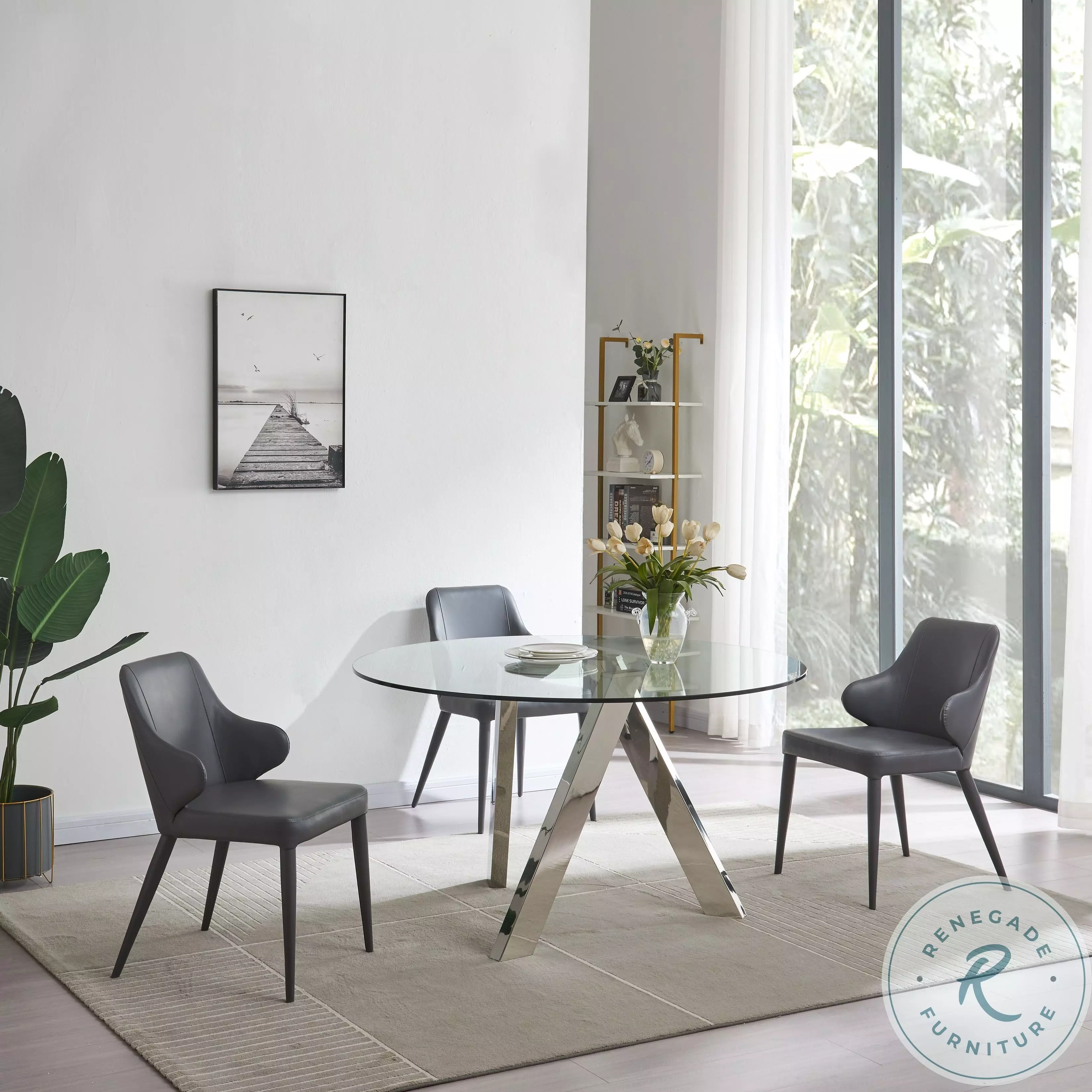Tower Chrome Round Dining Room Set with San Francisco Grey Chair 