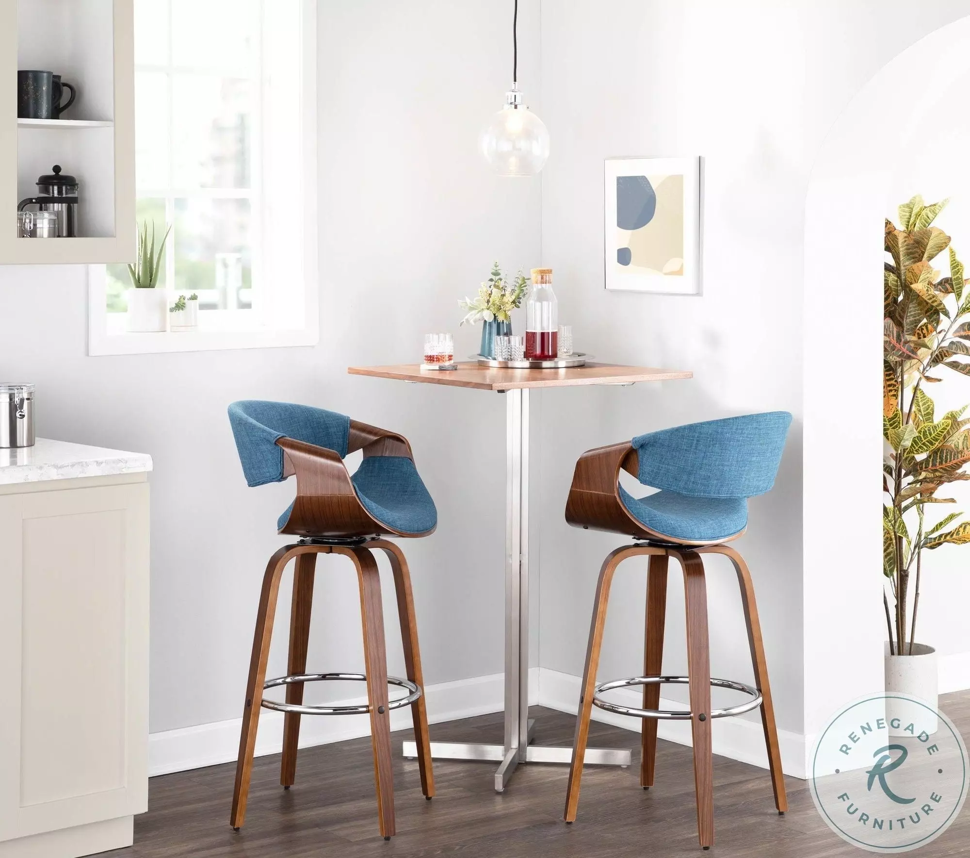 Curvini Walnut Wood and Blue Fabric Bar Stool Set of 2 From
