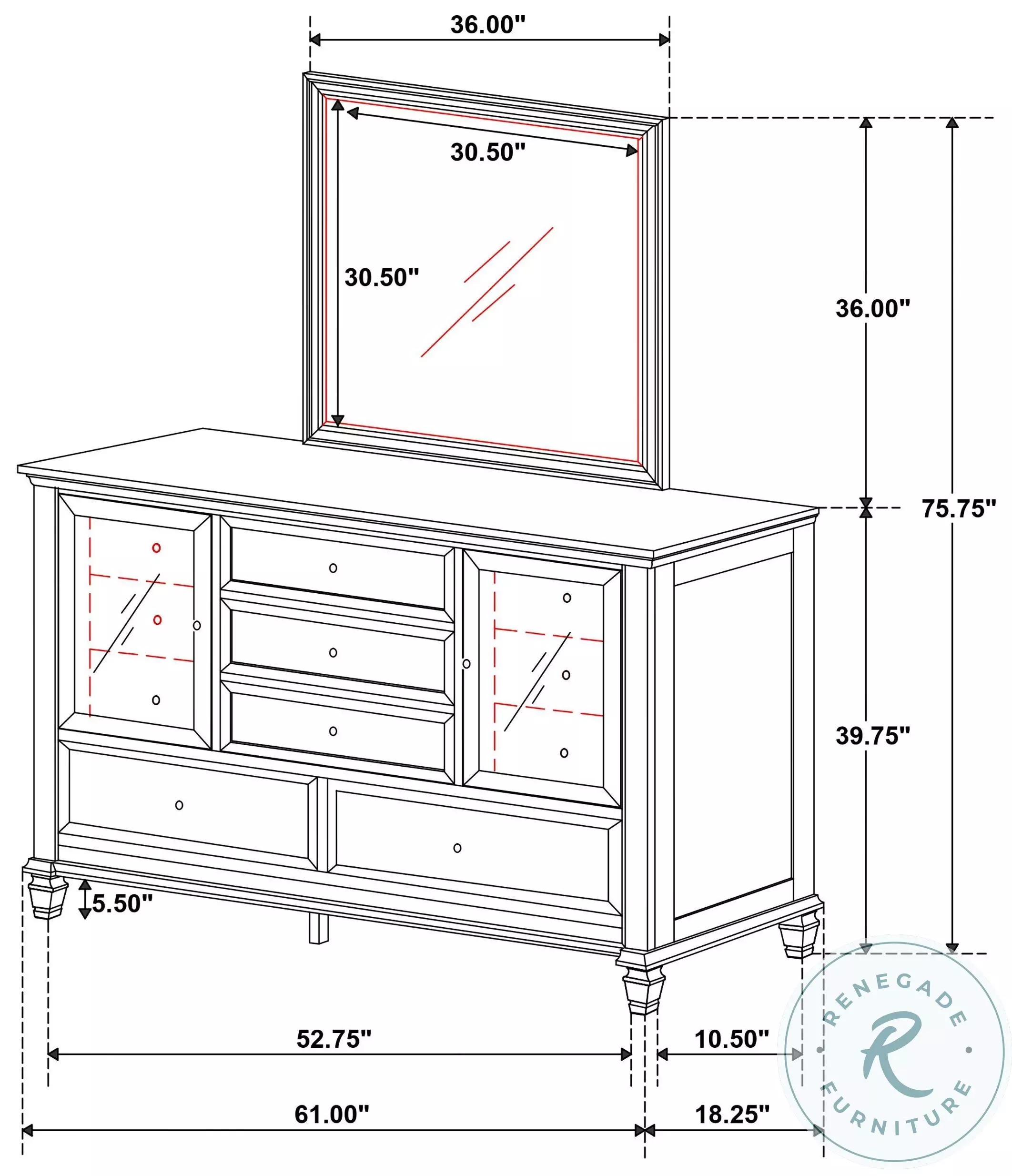 Sandy Beach Cream White 11 Drawer Dresser with Mirror