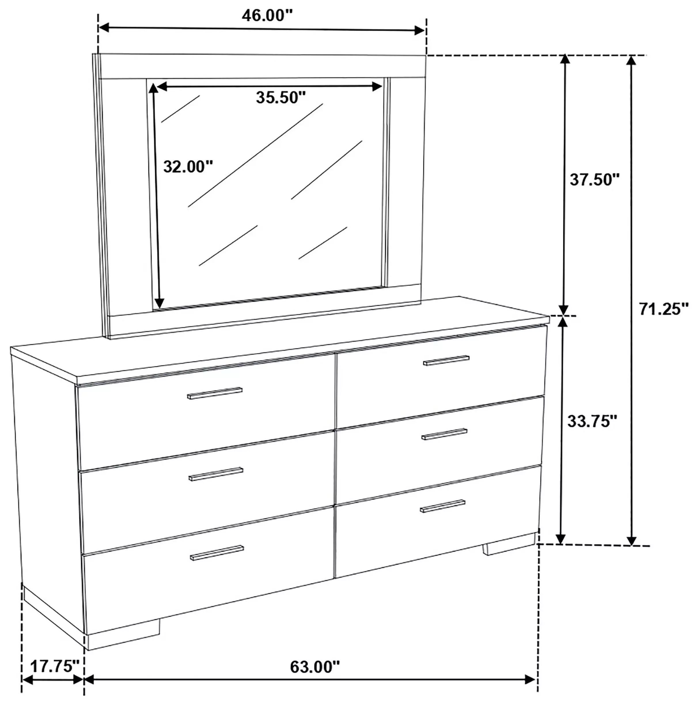 Felicity White High Gloss 6 Drawer Dresser with Mirror