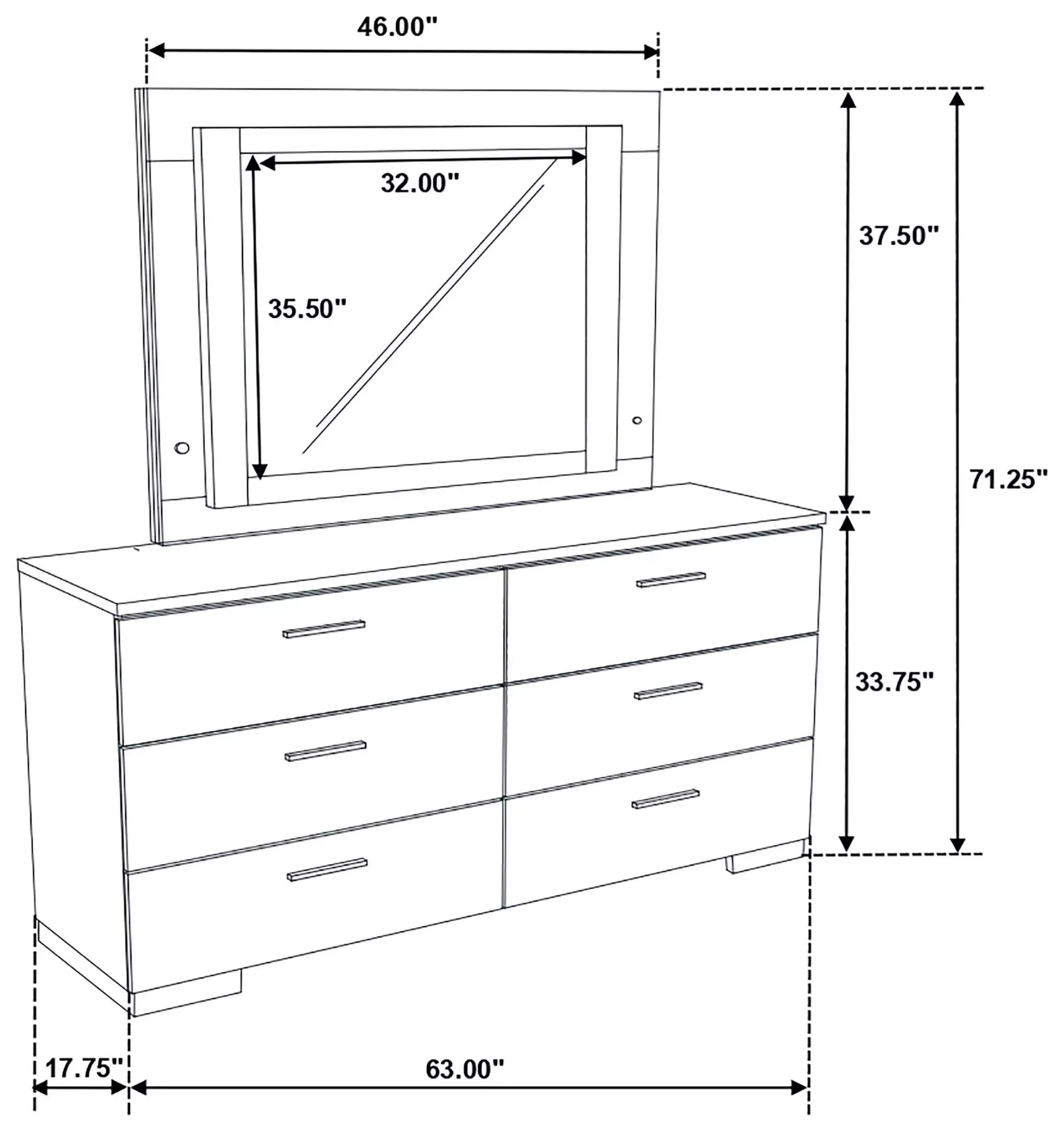 Felicity White High Gloss 6 Drawer Dresser with LED Mirror
