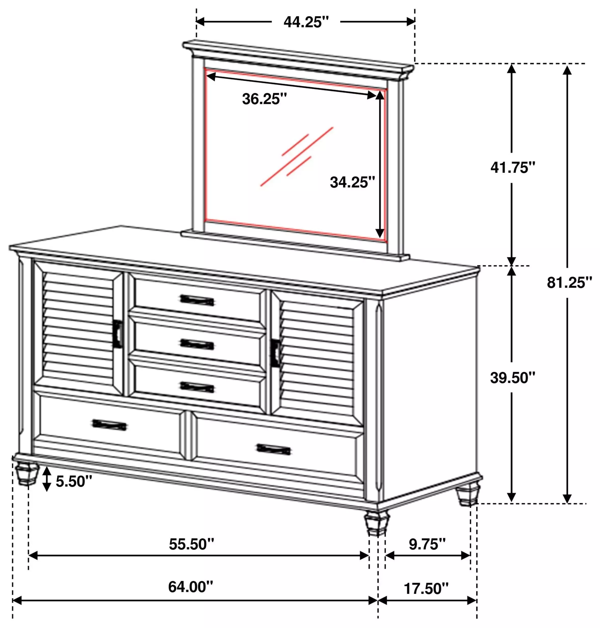 Franco Distressed White 5 Drawer Dresser with Mirror