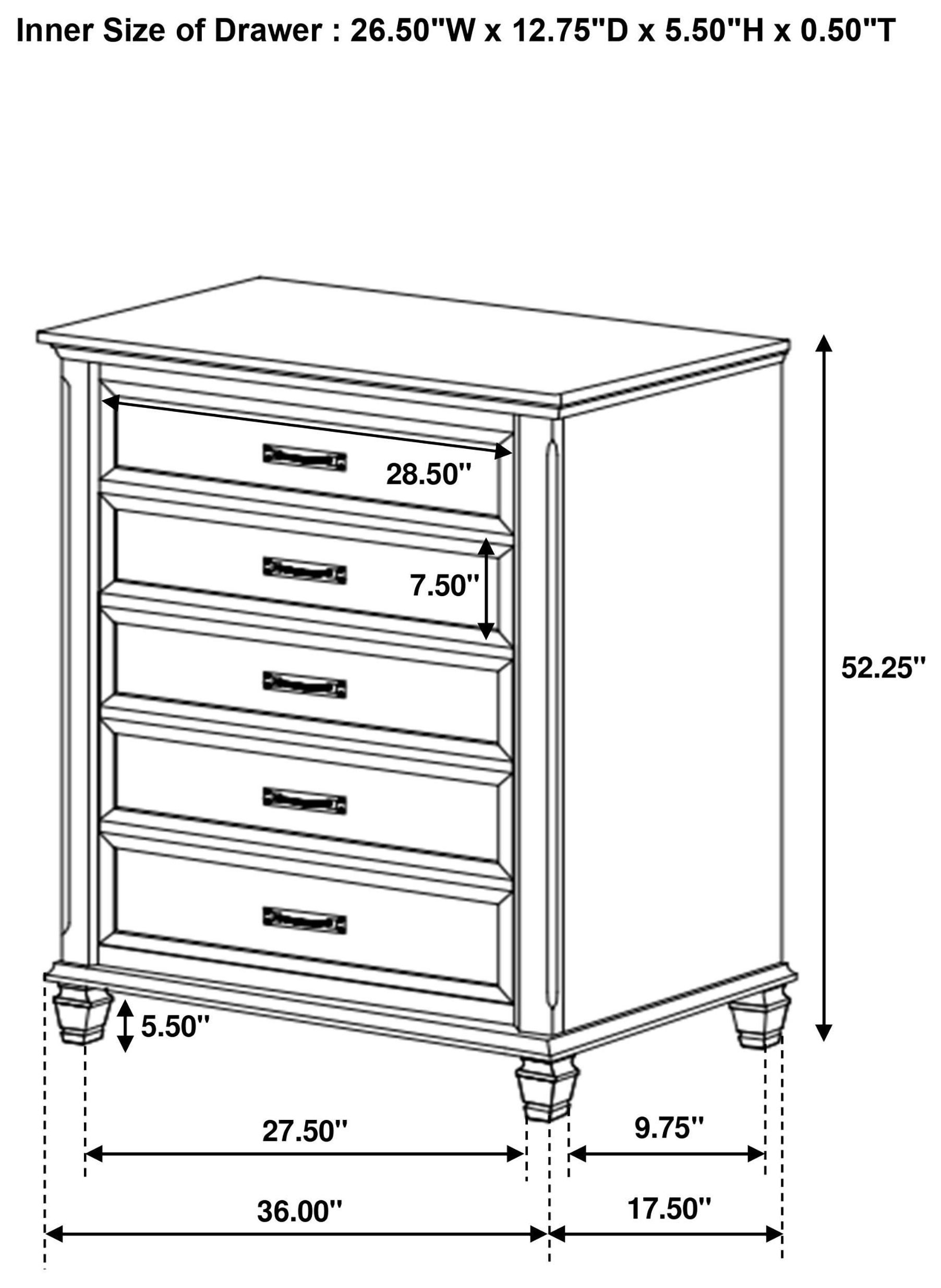 Franco Antique White 5 Drawer Chest