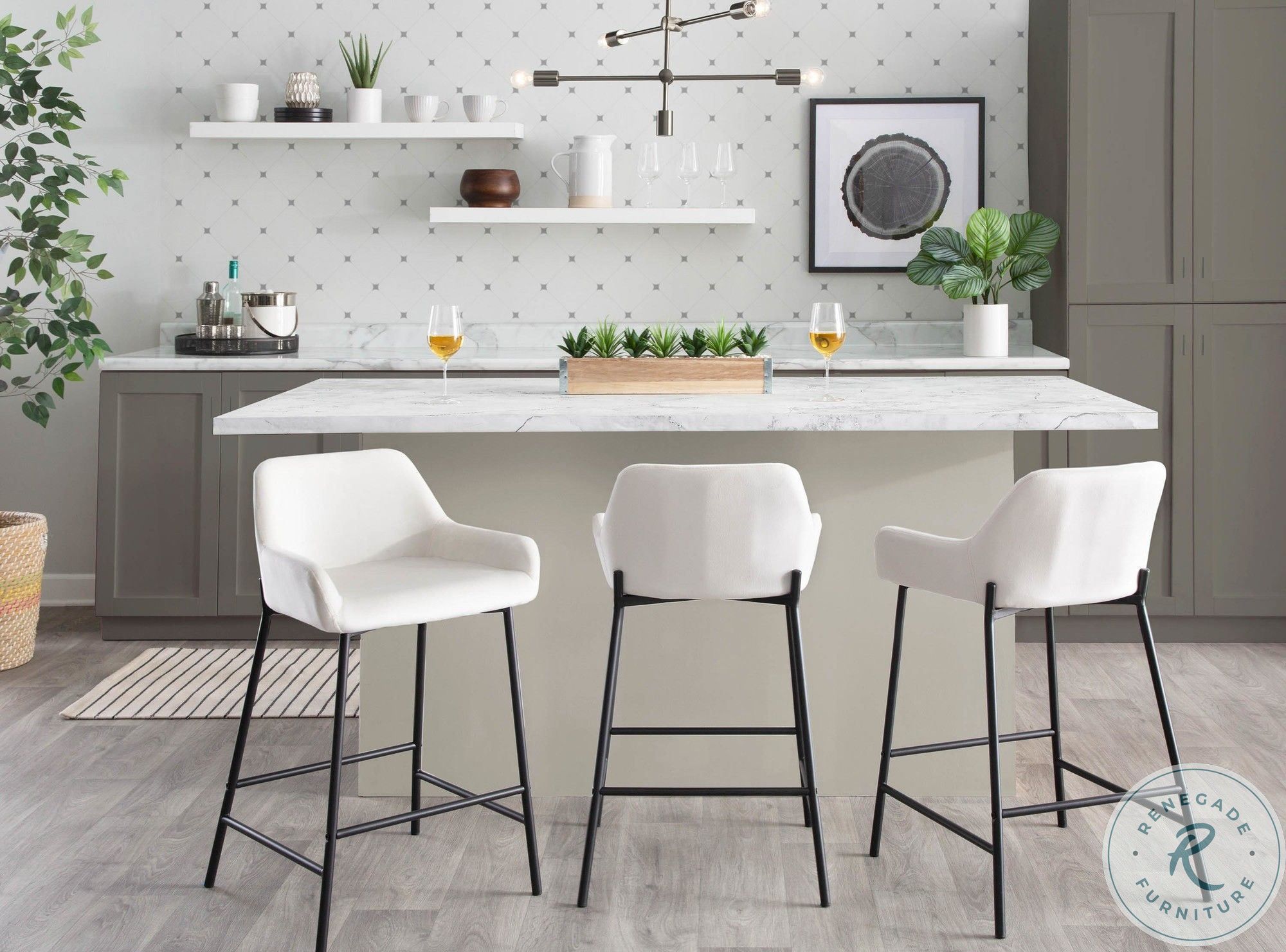 Daniella White Velvet And Black Metal Counter Height Stool Set of 2