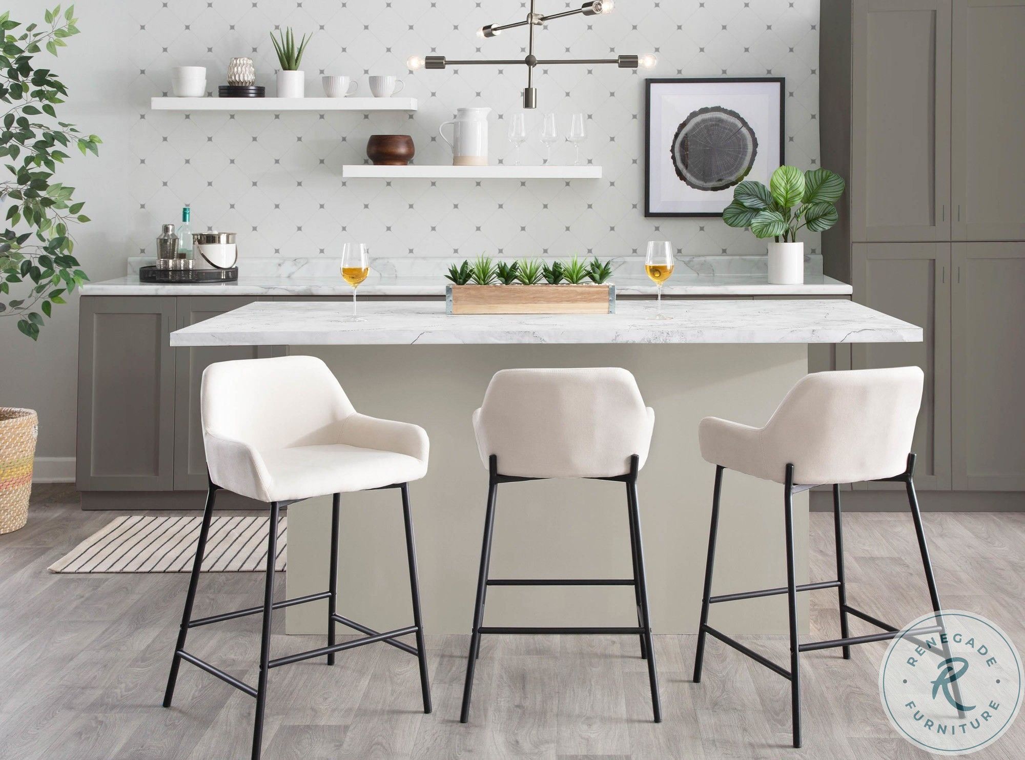 Daniella Cream Fabric And Black Metal Counter Height Stool Set of 2