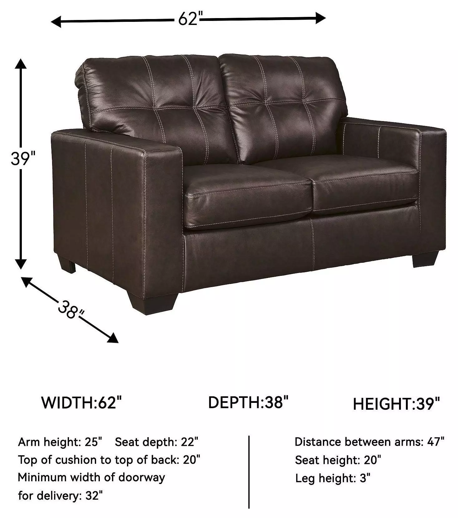 Santorine Dark Brown Leather 62" Loveseat