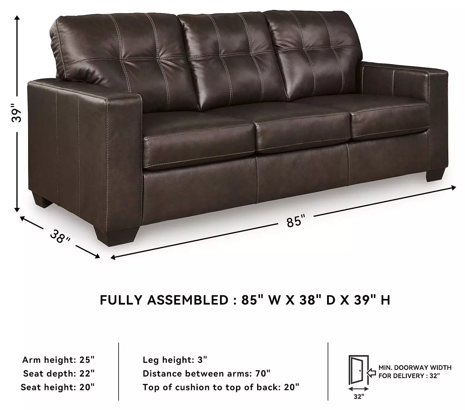 Santorine Dark Brown Leather 85" Sofa