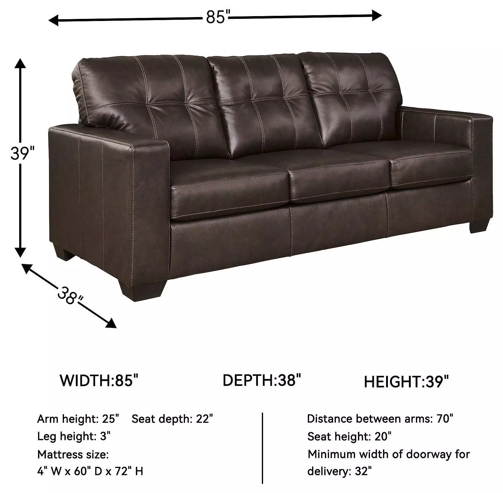Santorine Dark Brown Leather Queen 85" Sofa Sleeper