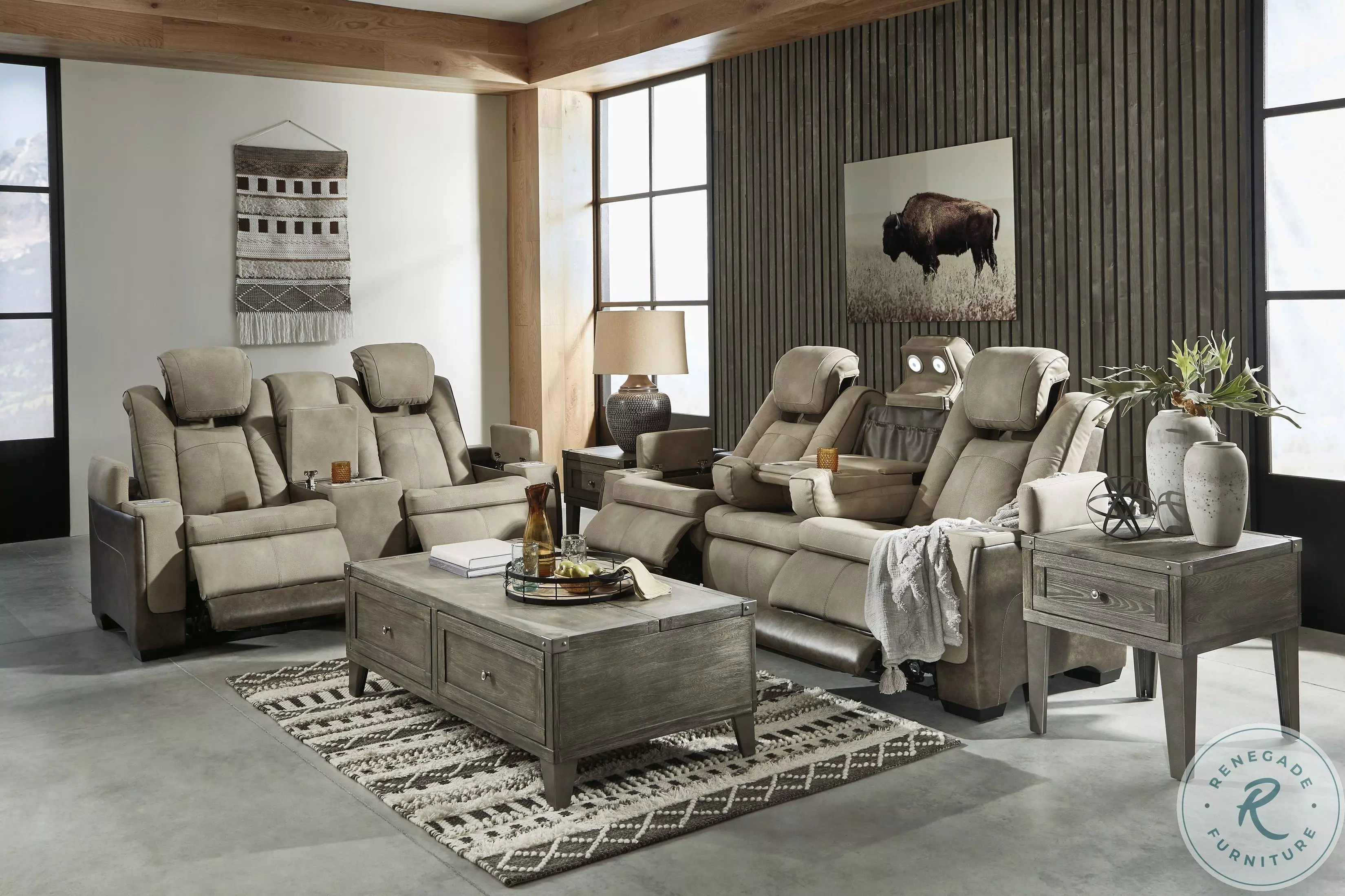 Next-Gen DuraPella Sand Power Reclining Living Room Set With