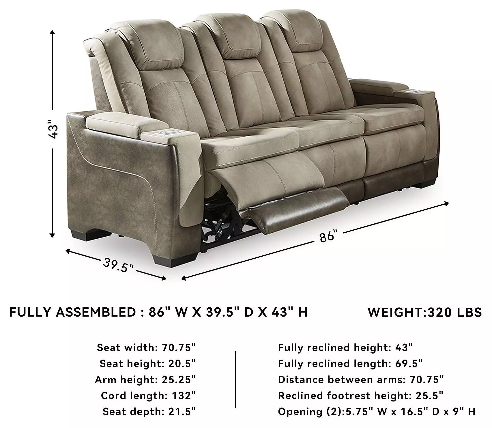 Next-Gen DuraPella Sand Performance Fabric 86" Power Reclining Sofa With Adjustable Headrest