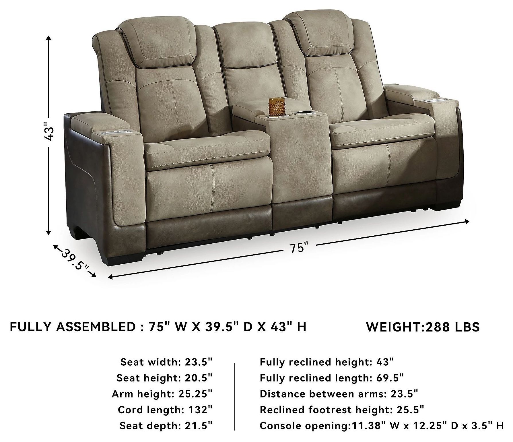 Next-Gen DuraPella Sand Performance Fabric Power Reclining Console Loveseat With Adjustable Headrest