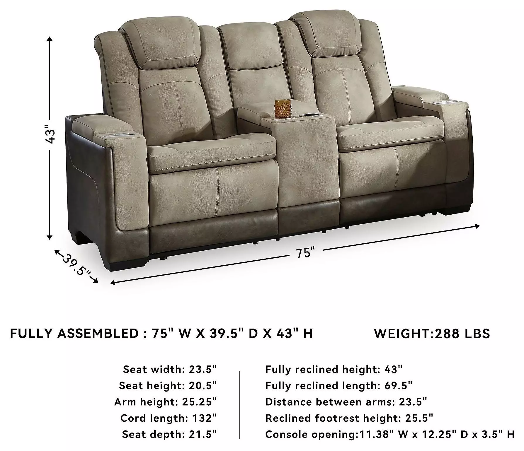 Next-Gen DuraPella Sand Performance Fabric 75" Power Reclining Console Loveseat With Adjustable Headrest
