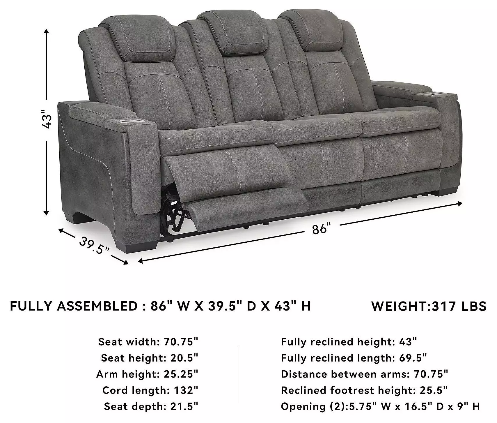 Next-Gen DuraPella Slate Performance Fabric 86" Power Reclining Sofa With Adjustable Headrest